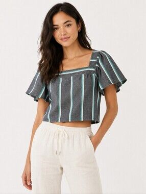 Roxy Gray Aqua Striped Crop Top Square Neck Flutter Sleeve Size Small